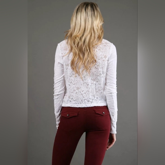 Free People Geo Floral Lace Inset Lightweight Long Sleeve Crop Top - Picture 2 of 6